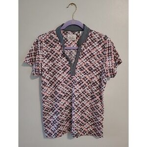 EP Pro Tour Tech Golf Geometric Chevron Stitch Short Sleeve Polo Top M Pink Gray